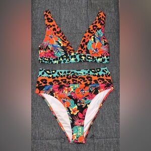 Vibrant Floral and Leopard Print Bikini
